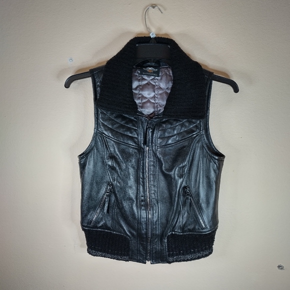 HARLEY Davidson woman's small leather vest quilted full zipper turtle neck Black - Picture 1 of 15